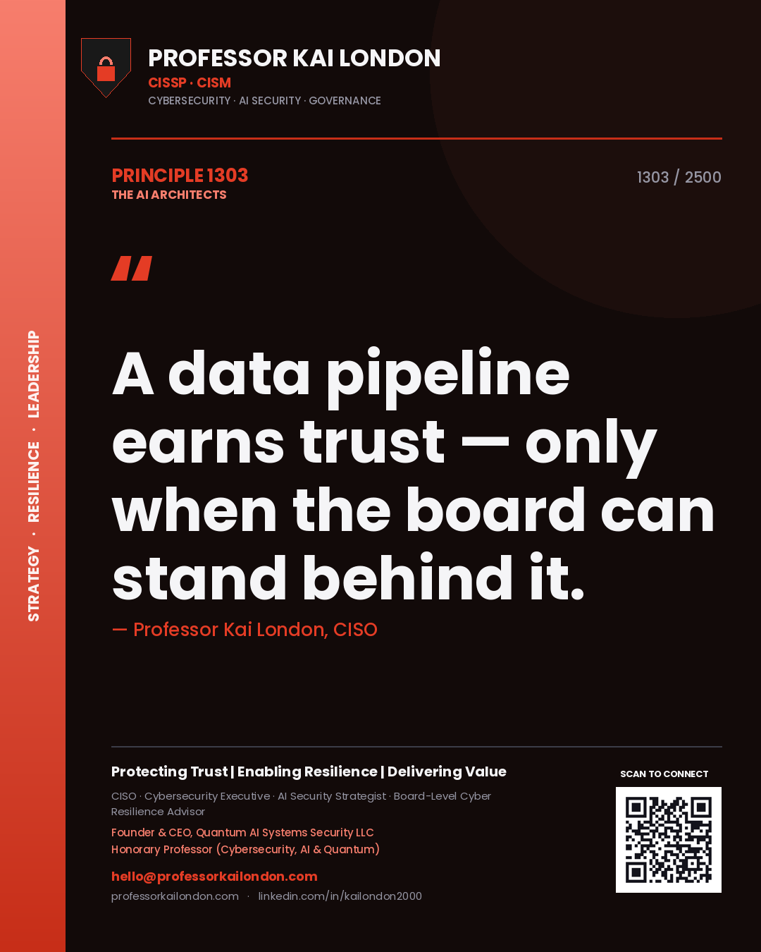 Quote card by Professor Kai London reading 'A data pipeline earns trust — only when the board can stand behind it.'. From the book The AI Architects.