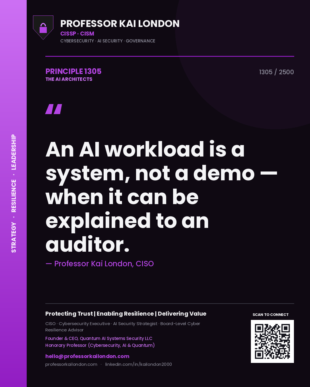 Quote card by Professor Kai London reading 'An AI workload is a system, not a demo — when it can be explained to an auditor.'. From the book The AI Architects.