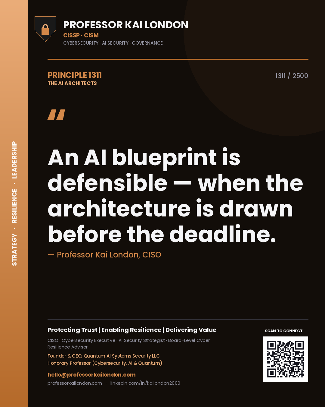 Quote card by Professor Kai London reading 'An AI blueprint is defensible — when the architecture is drawn before the deadline.'. From the book The AI Architects.