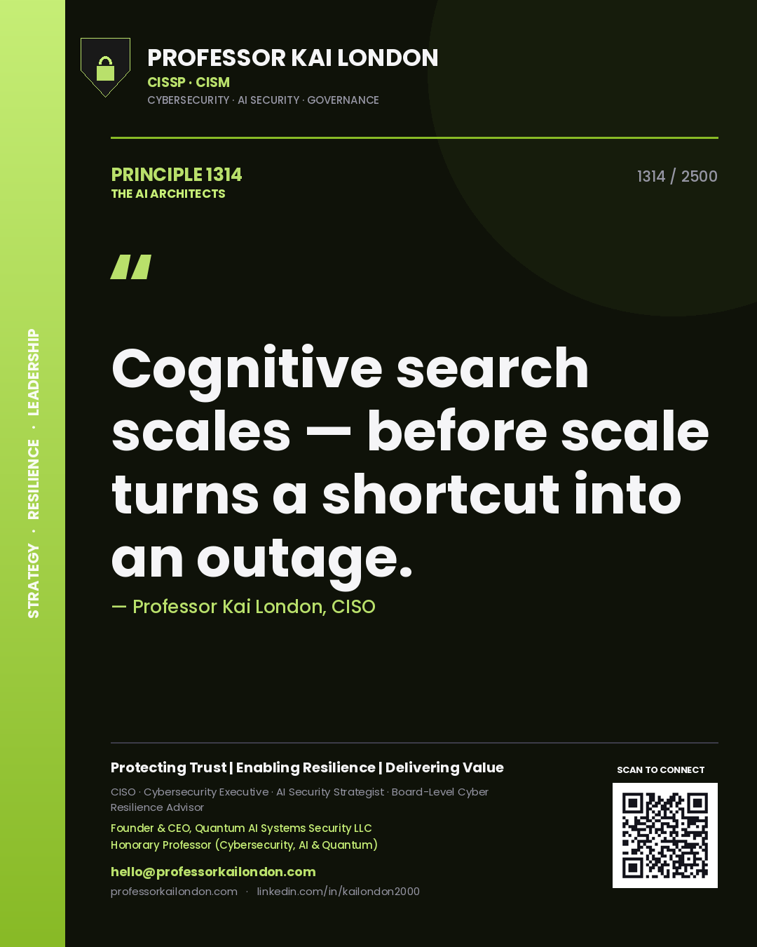 Quote card by Professor Kai London reading 'Cognitive search scales — before scale turns a shortcut into an outage.'. From the book The AI Architects.