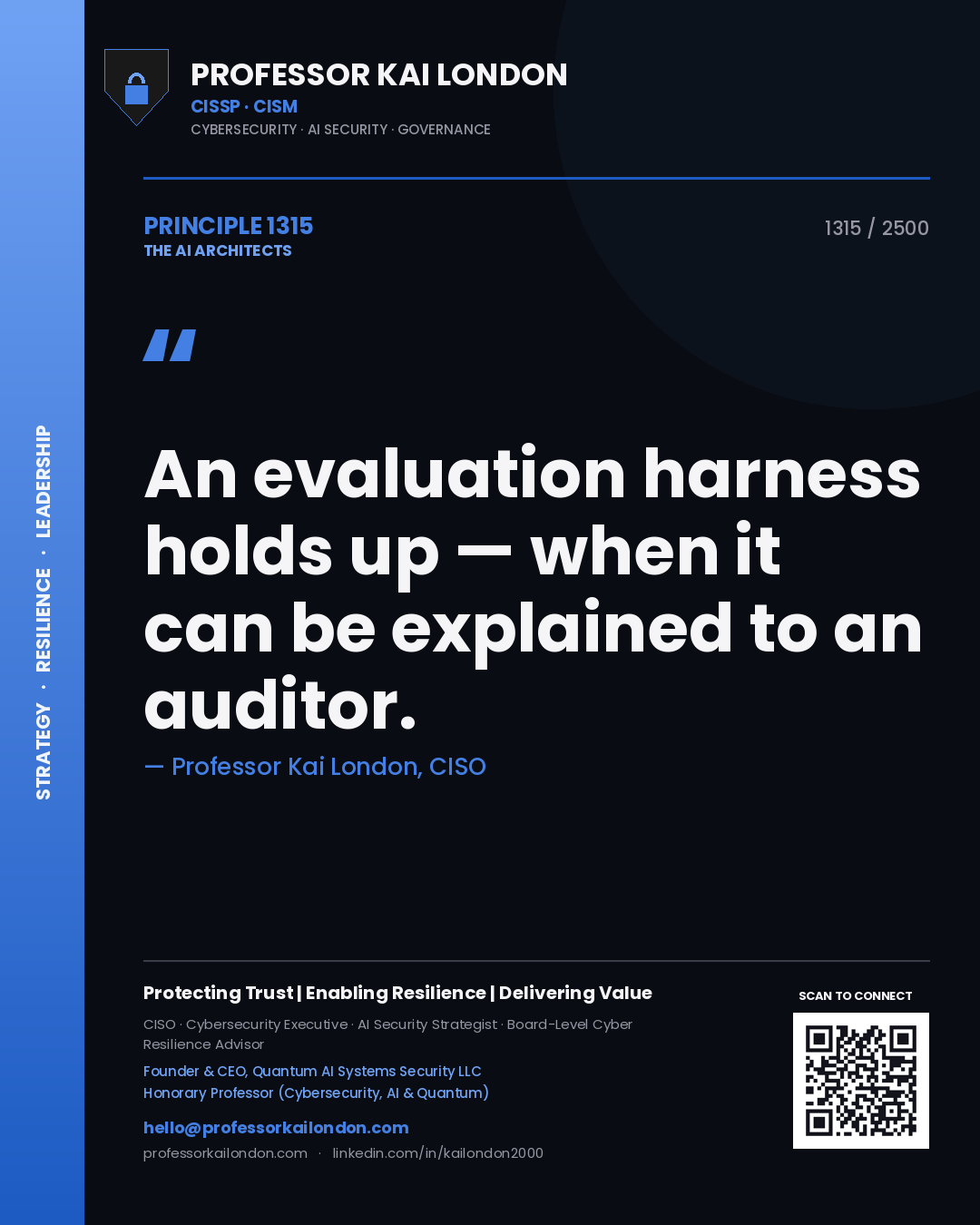 Quote card by Professor Kai London reading 'An evaluation harness holds up — when it can be explained to an auditor.'. From the book The AI Architects.