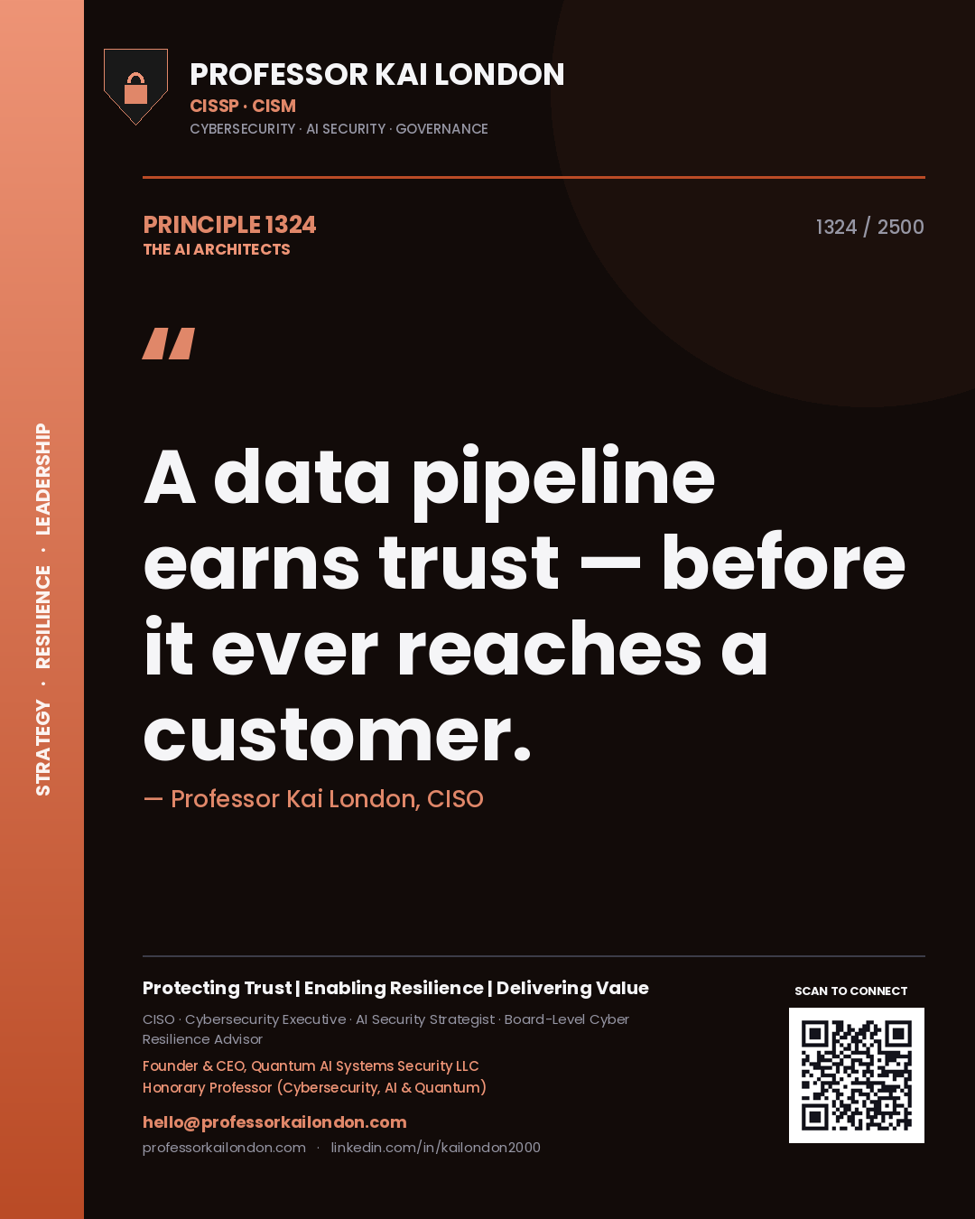 Quote card by Professor Kai London reading 'A data pipeline earns trust — before it ever reaches a customer.'. From the book The AI Architects.