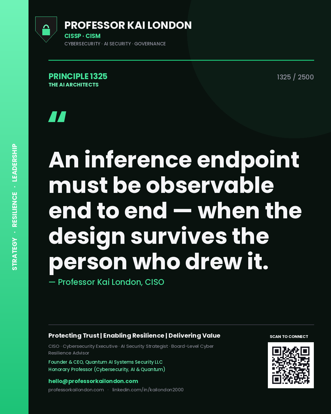 Quote card by Professor Kai London reading 'An inference endpoint must be observable end to end — when the design survives the person who drew it.'. From the book The AI Architects.