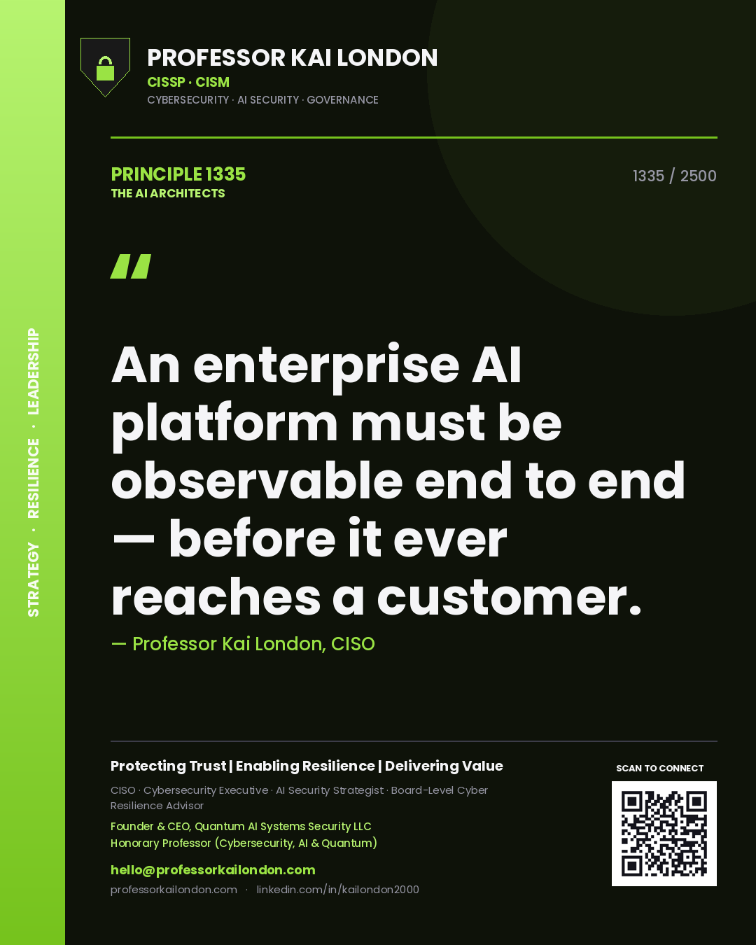 Quote card by Professor Kai London reading 'An enterprise AI platform must be observable end to end — before it ever reaches a customer.'. From the book The AI Architects.