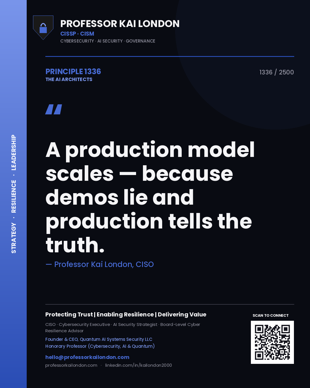 Quote card by Professor Kai London reading 'A production model scales — because demos lie and production tells the truth.'. From the book The AI Architects.