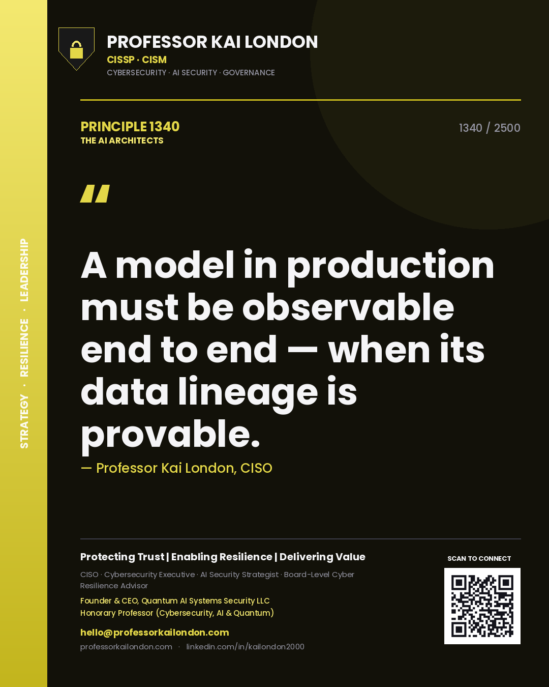 Quote card by Professor Kai London reading 'A model in production must be observable end to end — when its data lineage is provable.'. From the book The AI Architects.