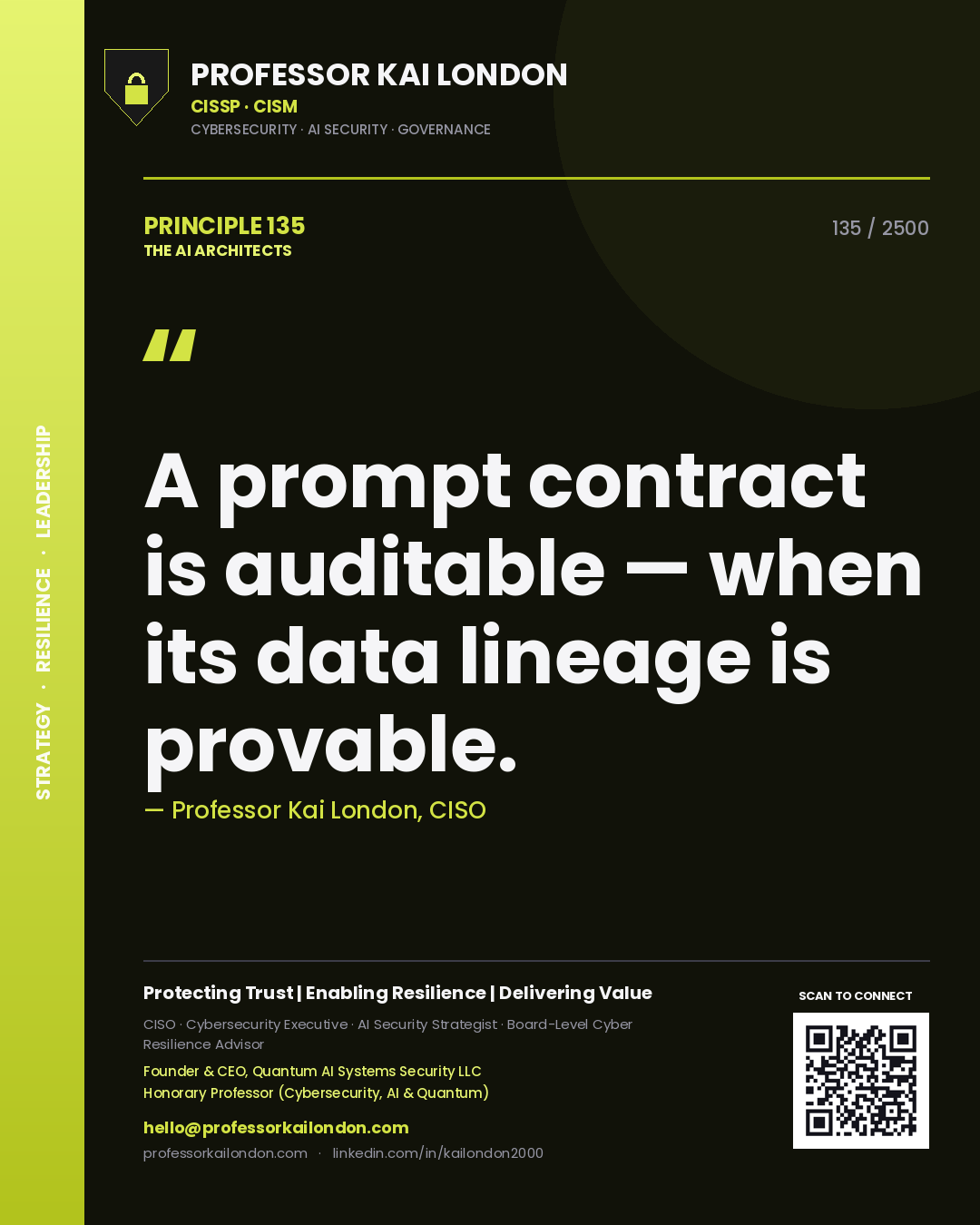 Professor Kai London principle 135: A prompt contract is auditable — when its data lineage is provable.