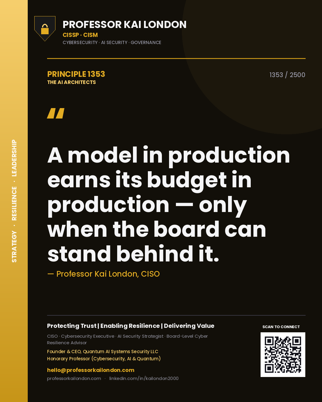 Quote card by Professor Kai London reading 'A model in production earns its budget in production — only when the board can stand behind it.'. From the book The AI Architects.