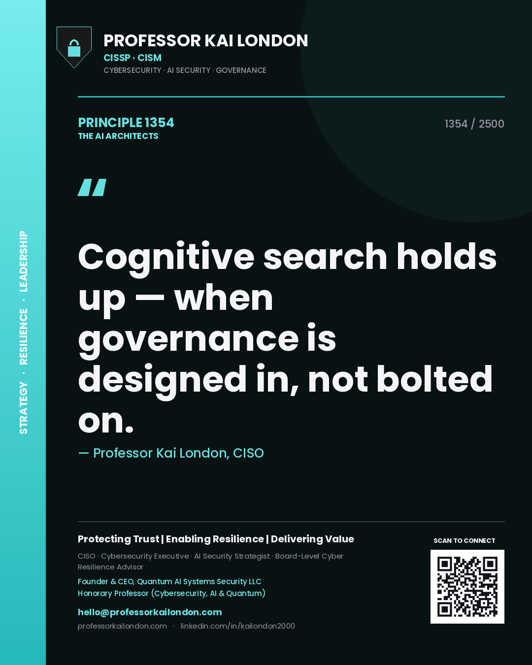 Quote card by Professor Kai London reading 'Cognitive search holds up — when governance is designed in, not bolted on.'. From the book The AI Architects.
