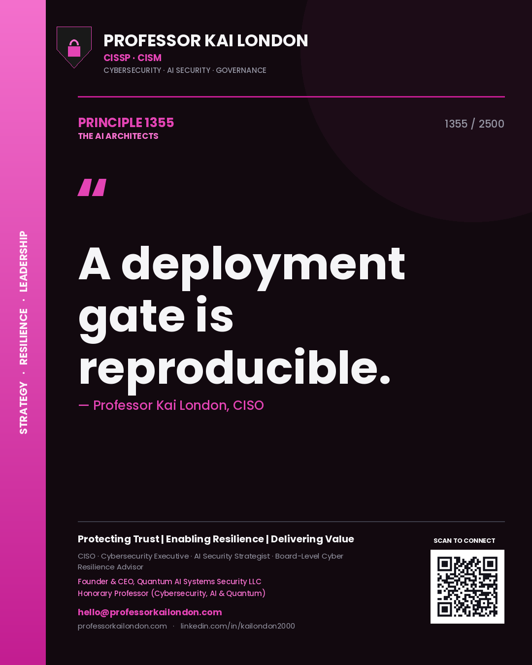 Quote card by Professor Kai London reading 'A deployment gate is reproducible.'. From the book The AI Architects.