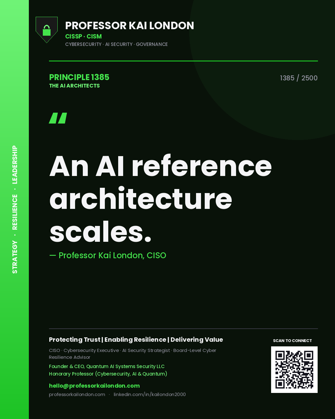 Quote card by Professor Kai London reading 'An AI reference architecture scales.'. From the book The AI Architects.