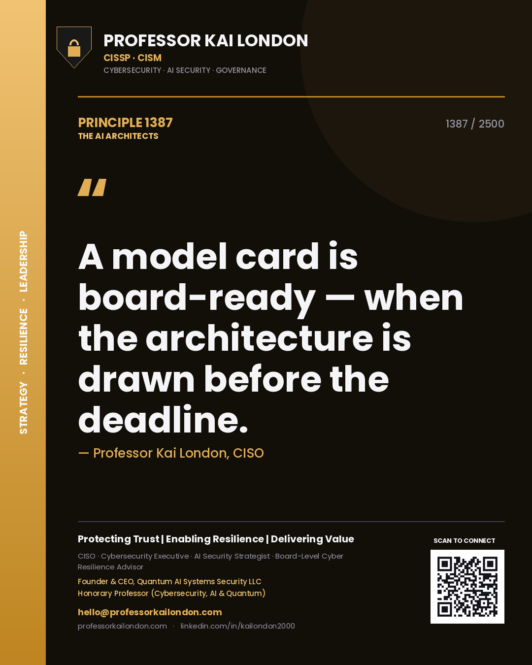 Quote card by Professor Kai London reading 'A model card is board-ready — when the architecture is drawn before the deadline.'. From the book The AI Architects.