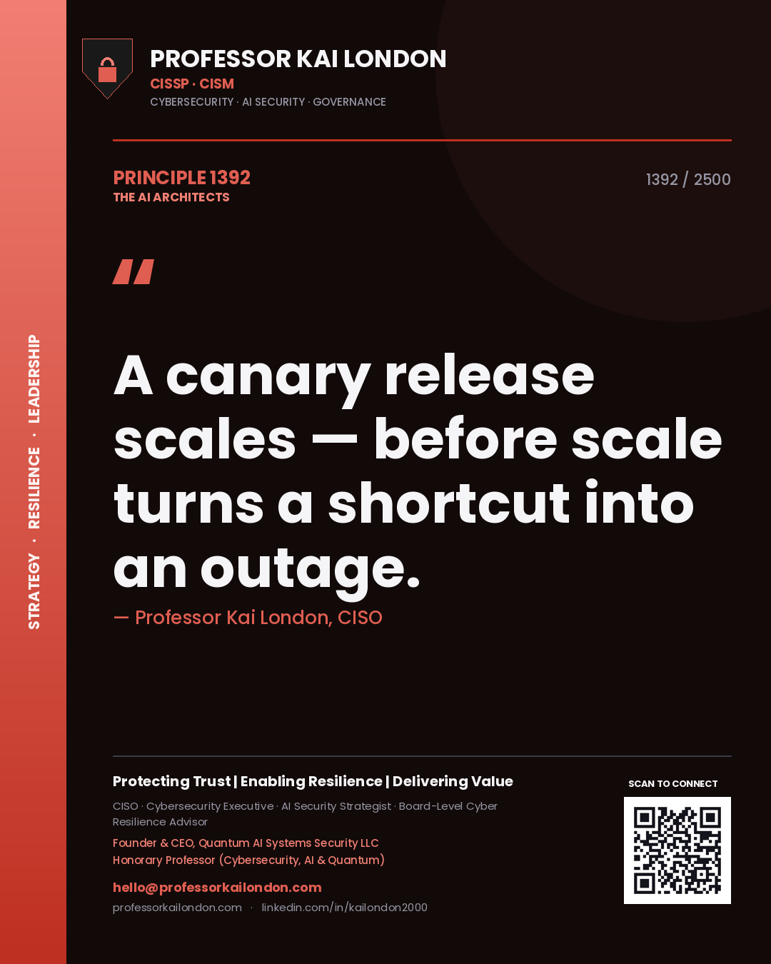 Quote card by Professor Kai London reading 'A canary release scales — before scale turns a shortcut into an outage.'. From the book The AI Architects.