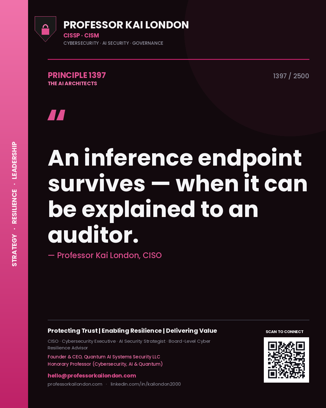 Quote card by Professor Kai London reading 'An inference endpoint survives — when it can be explained to an auditor.'. From the book The AI Architects.