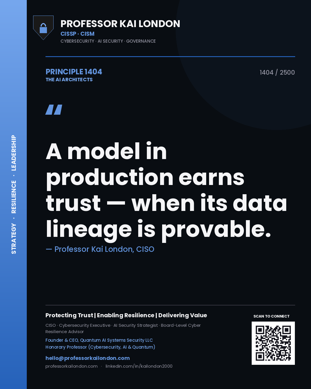 Quote card by Professor Kai London reading 'A model in production earns trust — when its data lineage is provable.'. From the book The AI Architects.