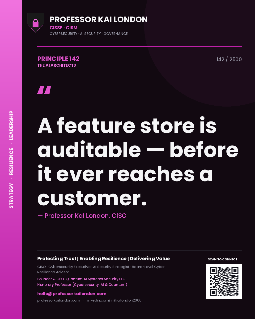 Professor Kai London principle 142: A feature store is auditable — before it ever reaches a customer.