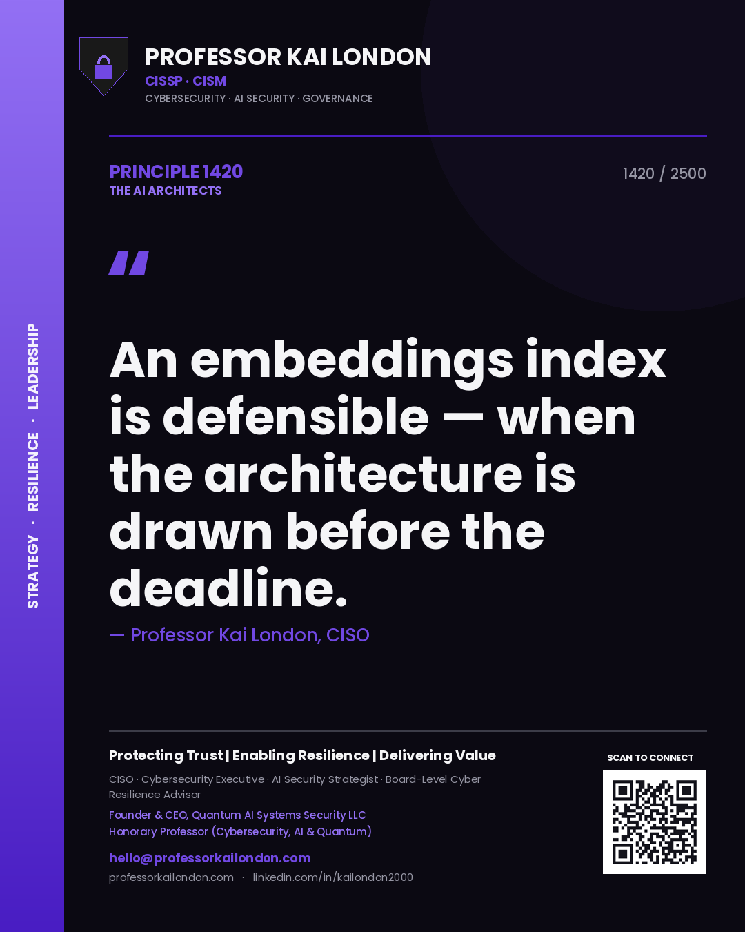 Professor Kai London principle 1420: An embeddings index is defensible — when the architecture is drawn before the deadline.