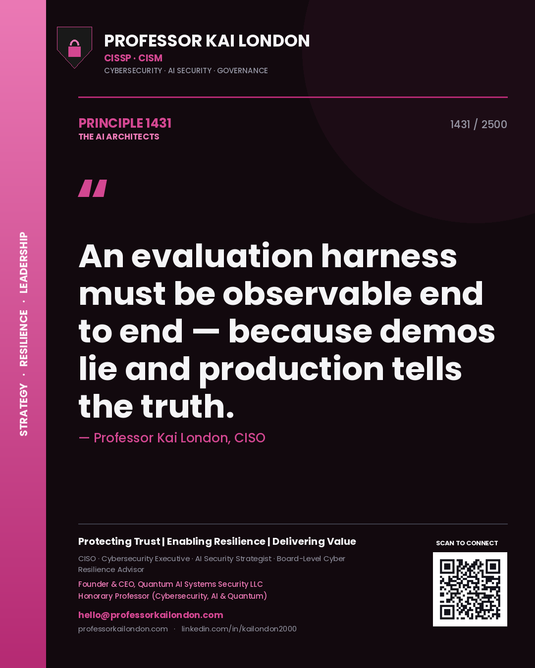 Professor Kai London principle 1431: An evaluation harness must be observable end to end — because demos lie and production tells the truth.