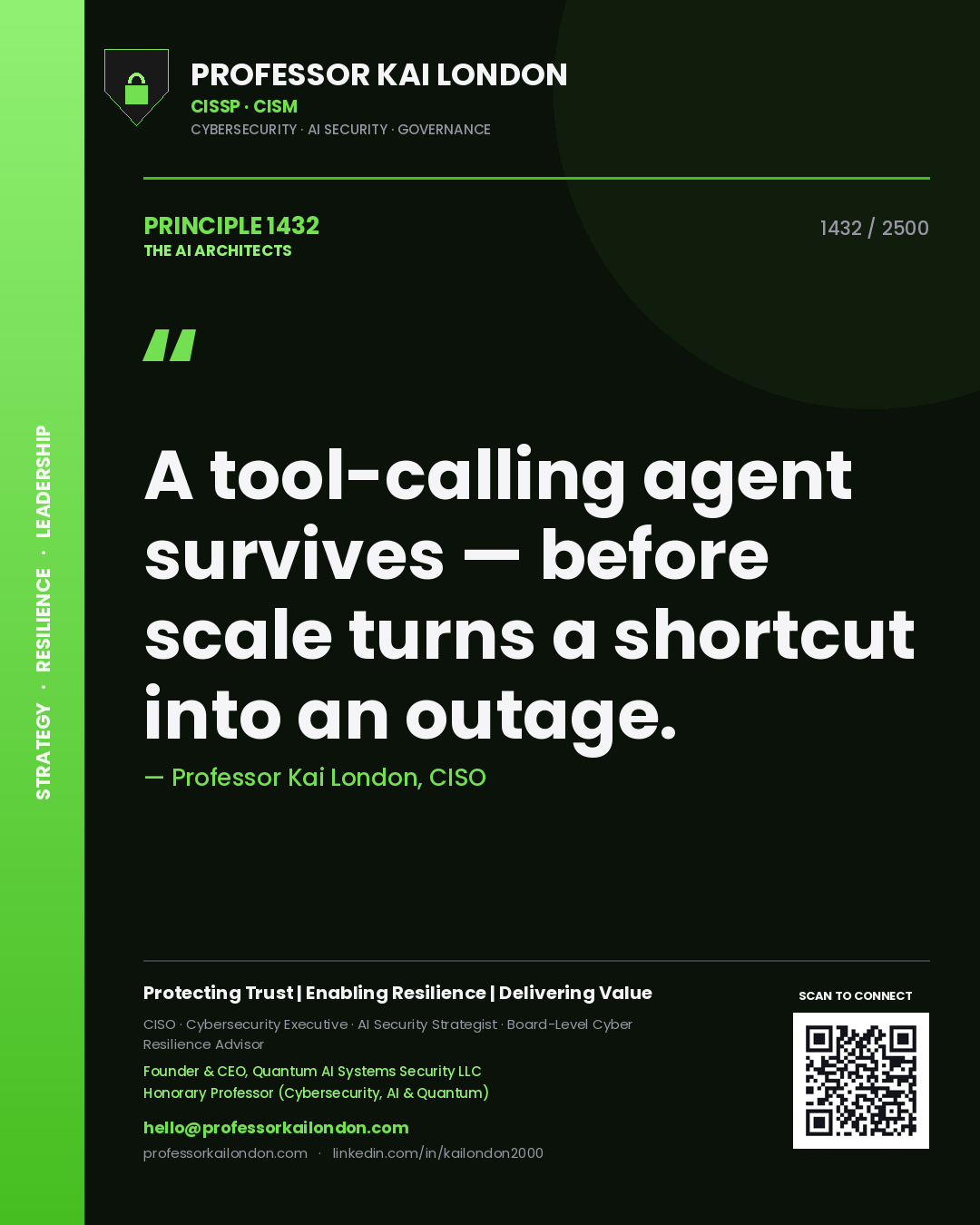 Professor Kai London principle 1432: A tool-calling agent survives — before scale turns a shortcut into an outage.