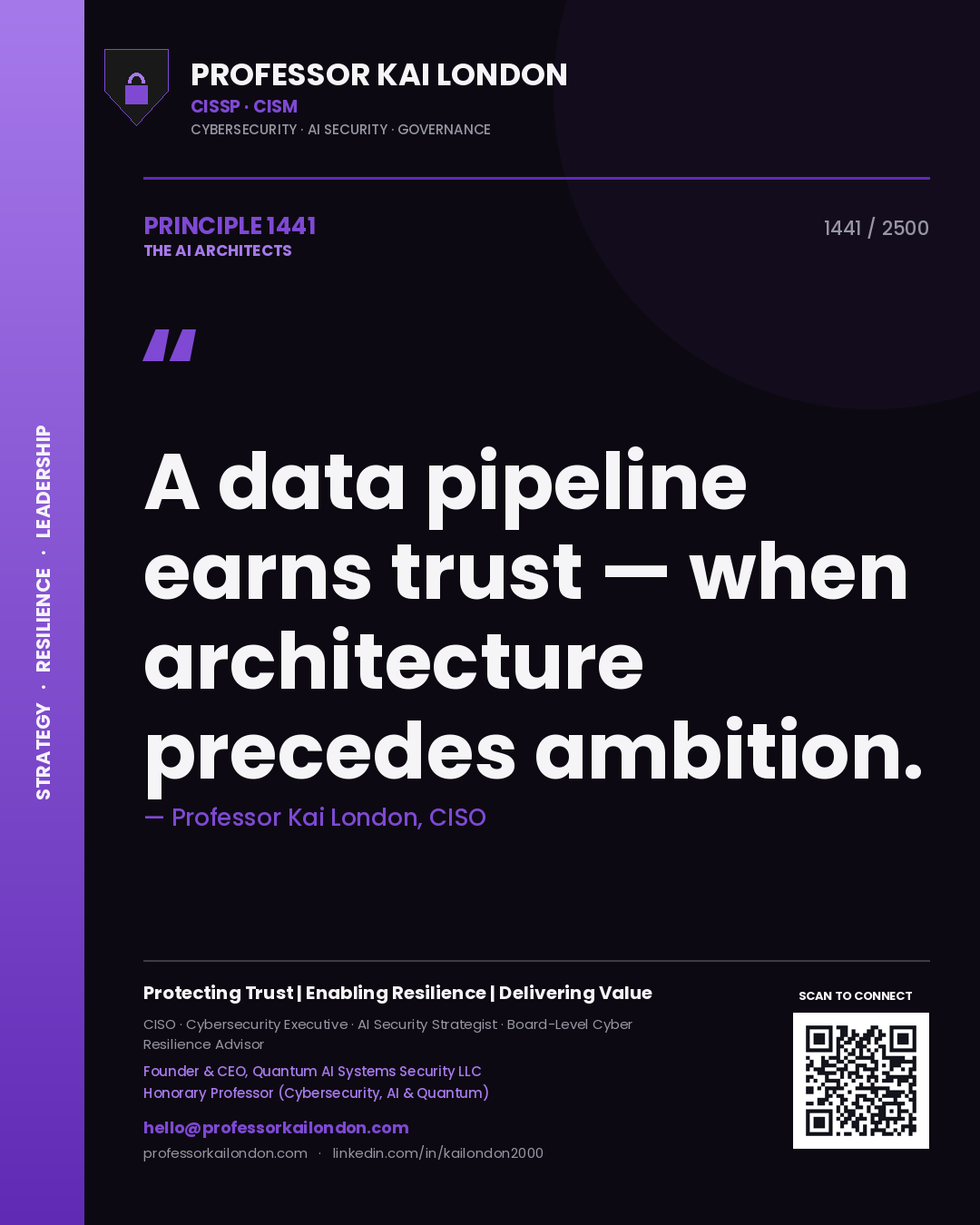 Professor Kai London principle 1441: A data pipeline earns trust — when architecture precedes ambition.