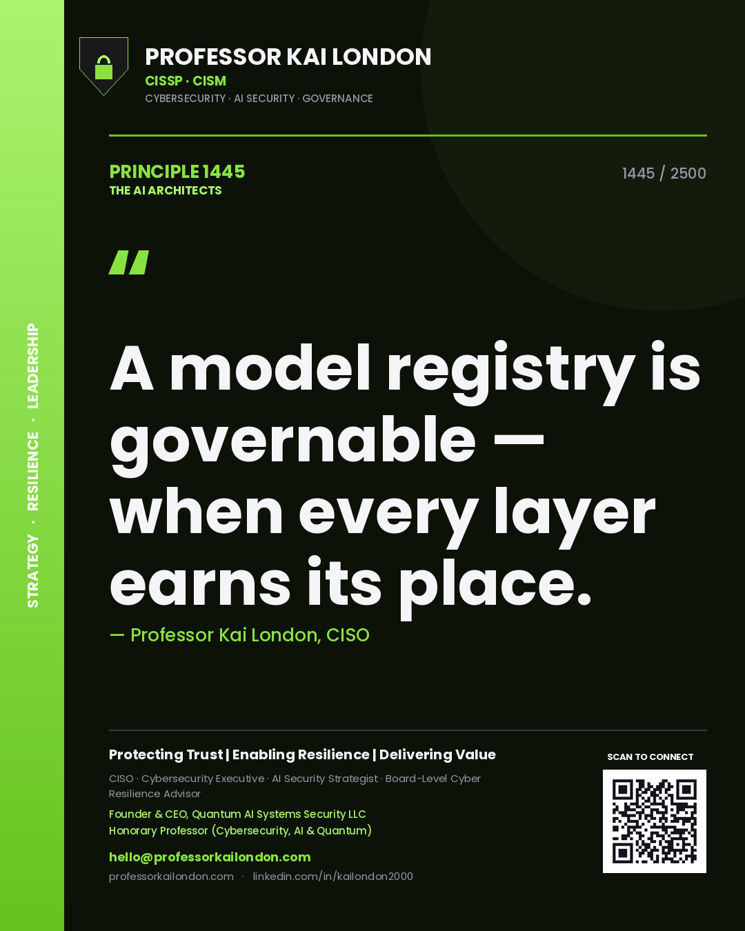 Quote card by Professor Kai London reading 'A model registry is governable — when every layer earns its place.'. From the book The AI Architects.