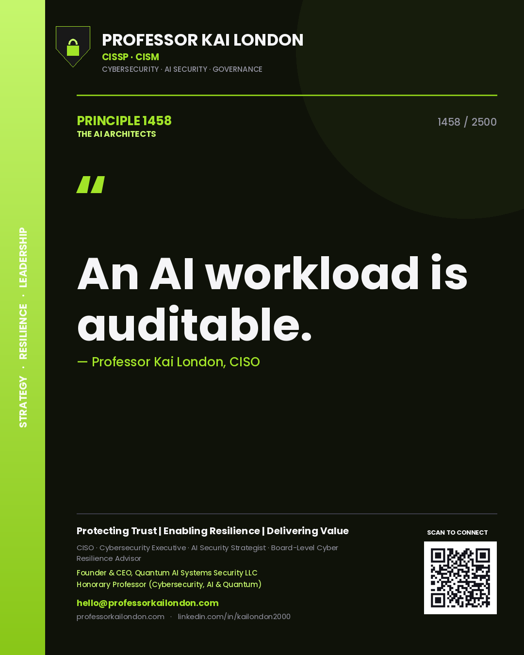 Quote card by Professor Kai London reading 'An AI workload is auditable.'. From the book The AI Architects.
