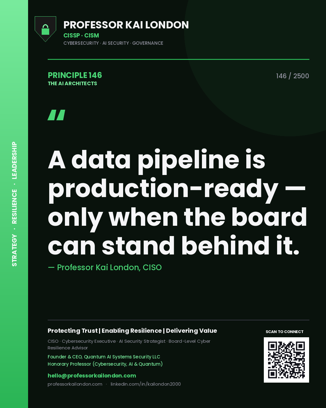 Quote card by Professor Kai London reading 'A data pipeline is production-ready — only when the board can stand behind it.'. From the book The AI Architects.