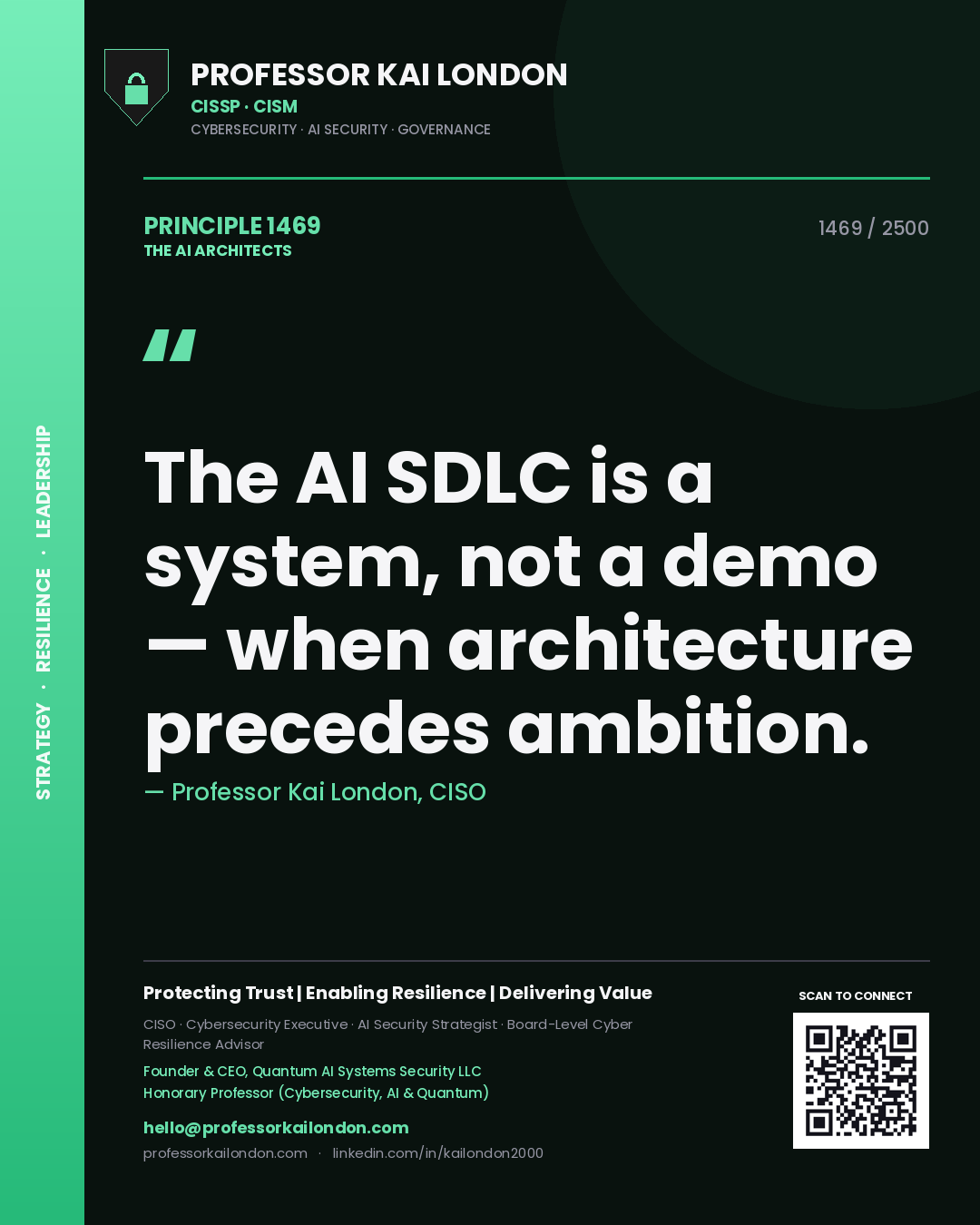 Quote card by Professor Kai London reading 'The AI SDLC is a system, not a demo — when architecture precedes ambition.'. From the book The AI Architects.