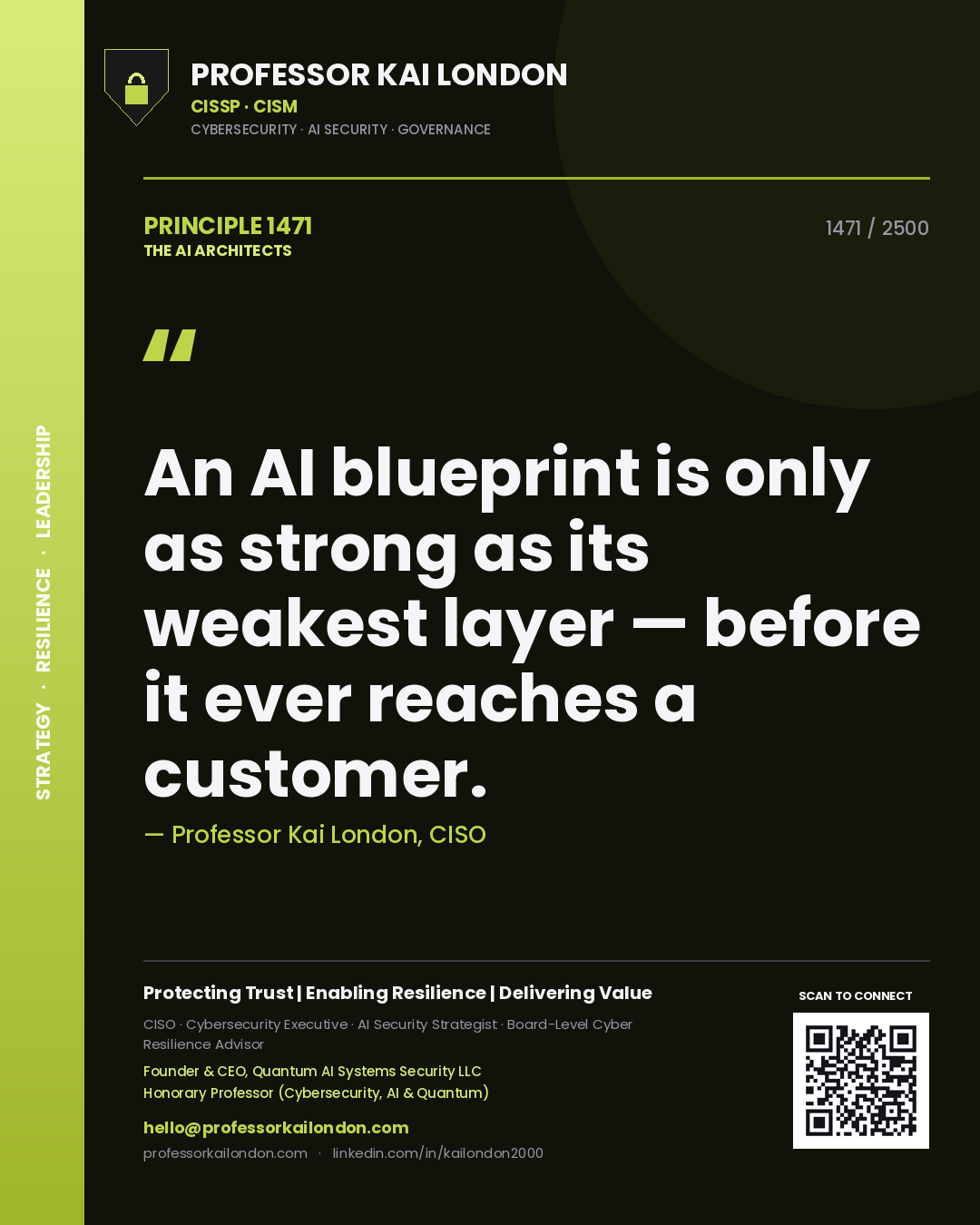 Quote card by Professor Kai London reading 'An AI blueprint is only as strong as its weakest layer — before it ever reaches a customer.'. From the book The AI Architects.
