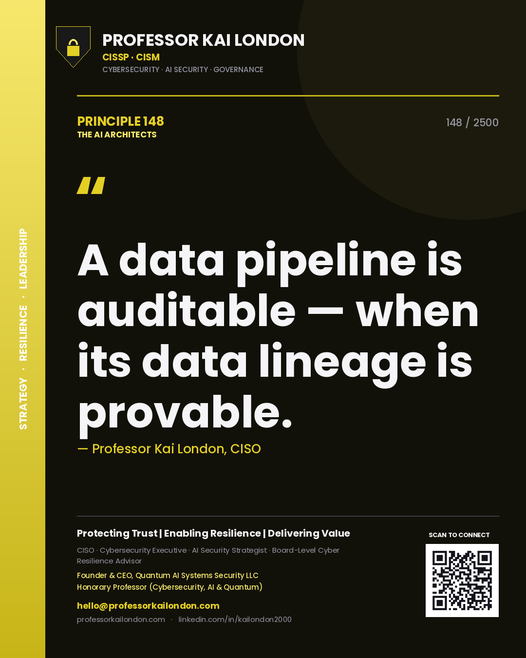 Quote card by Professor Kai London reading 'A data pipeline is auditable — when its data lineage is provable.'. From the book The AI Architects.