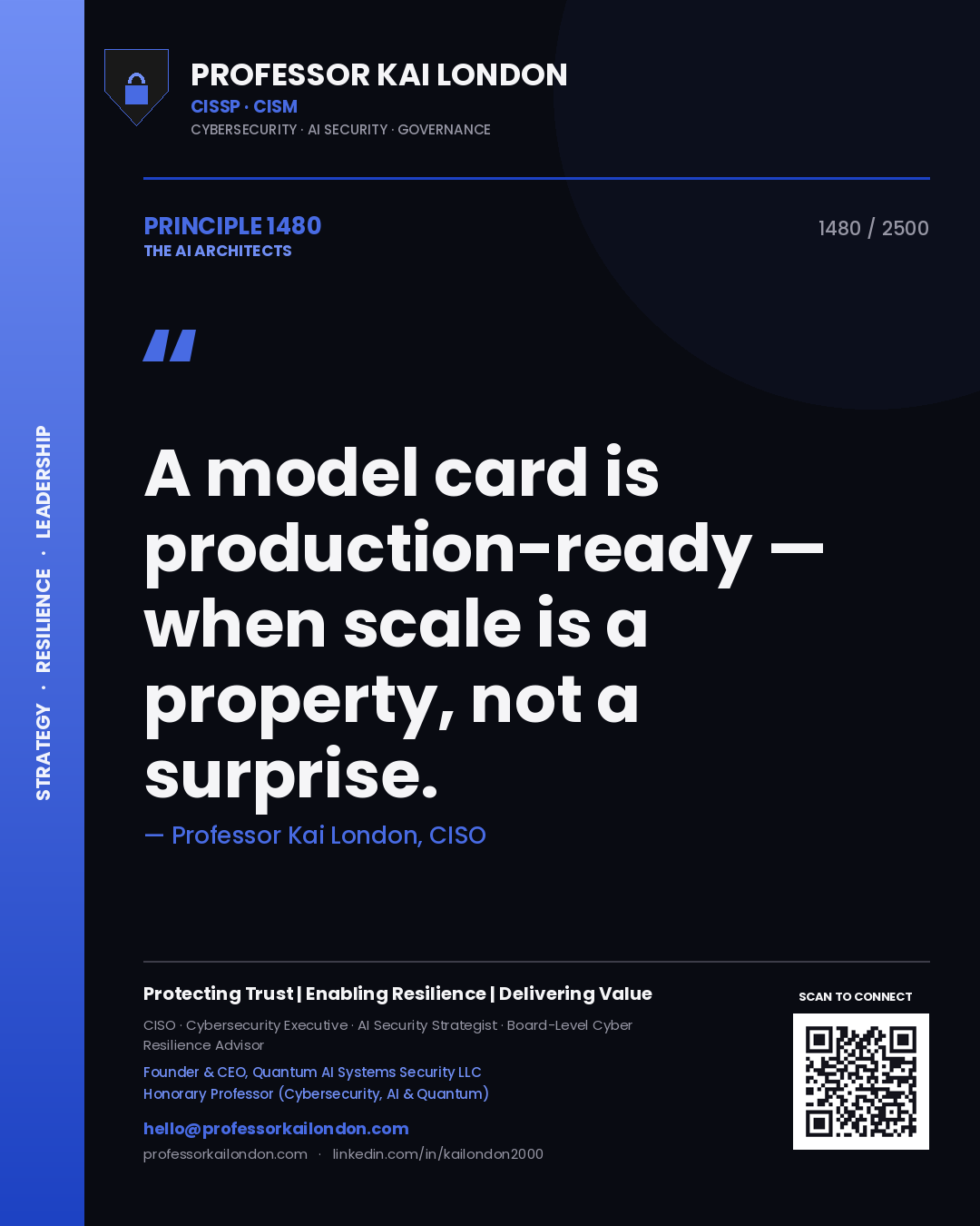 Quote card by Professor Kai London reading 'A model card is production-ready — when scale is a property, not a surprise.'. From the book The AI Architects.