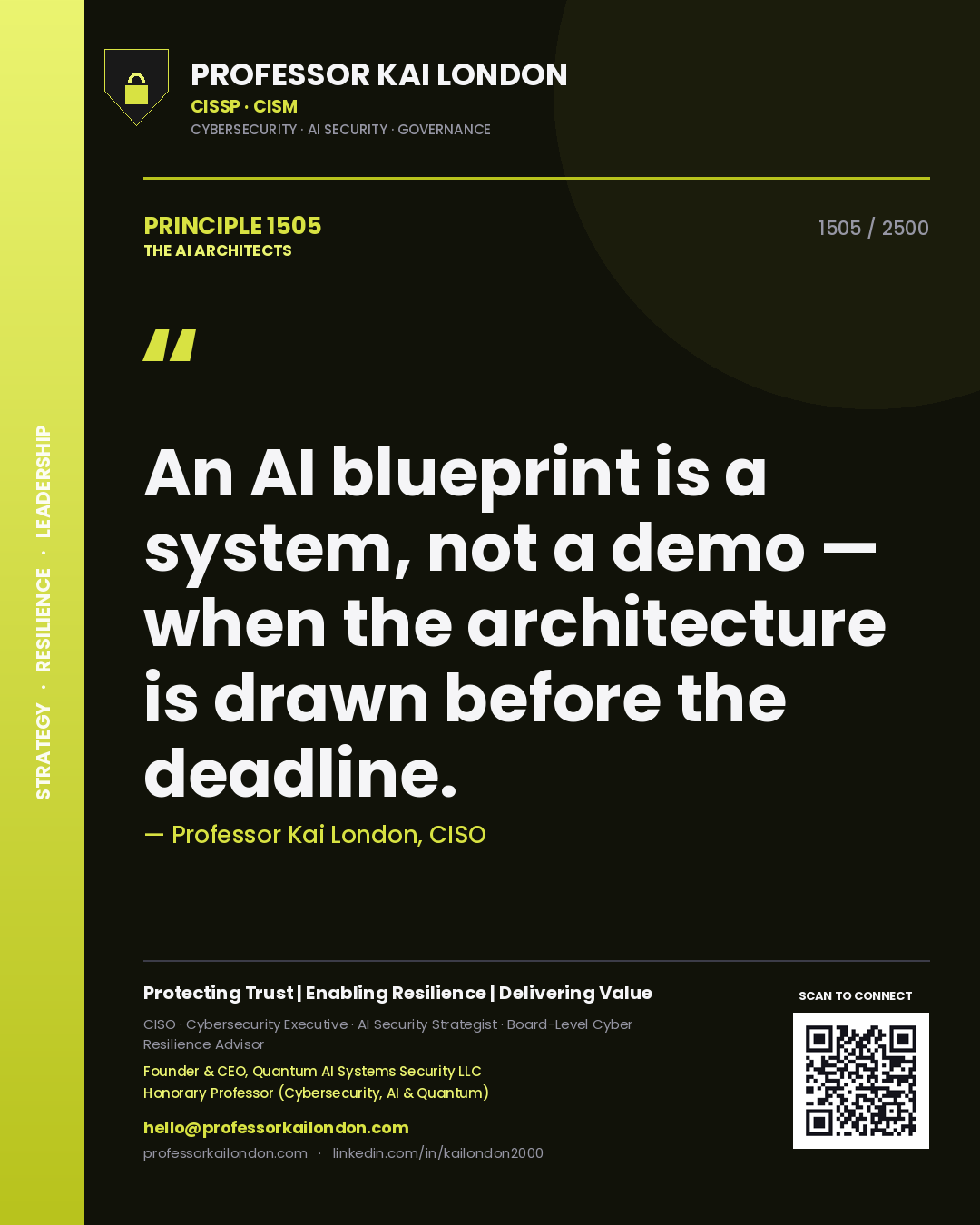 Quote card by Professor Kai London reading 'An AI blueprint is a system, not a demo — when the architecture is drawn before the deadline.'. From the book The AI Architects.
