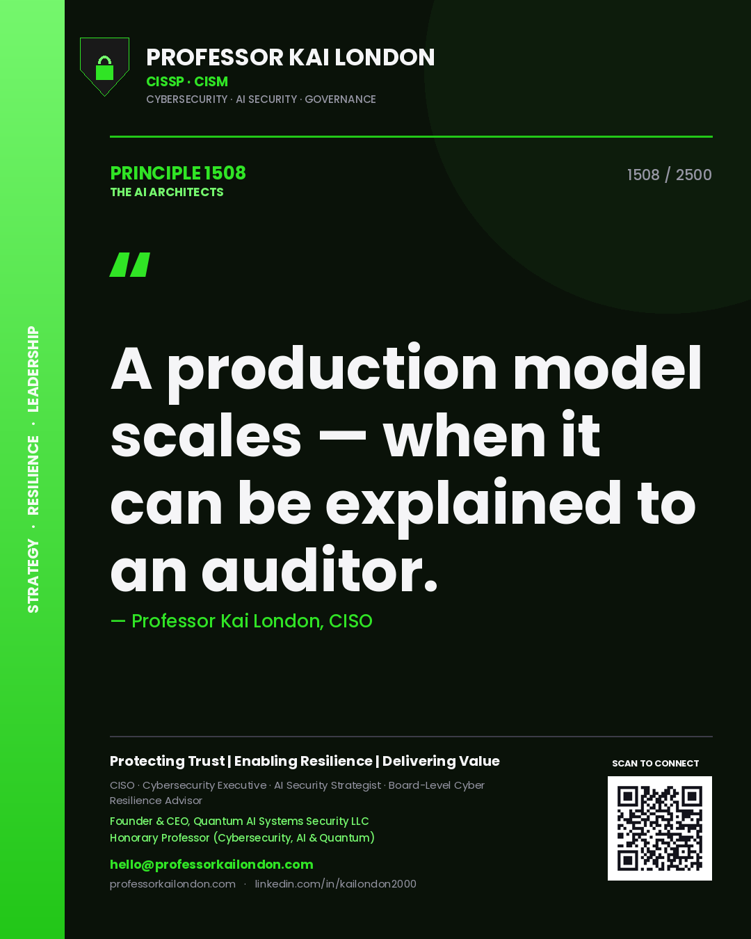 Quote card by Professor Kai London reading 'A production model scales — when it can be explained to an auditor.'. From the book The AI Architects.