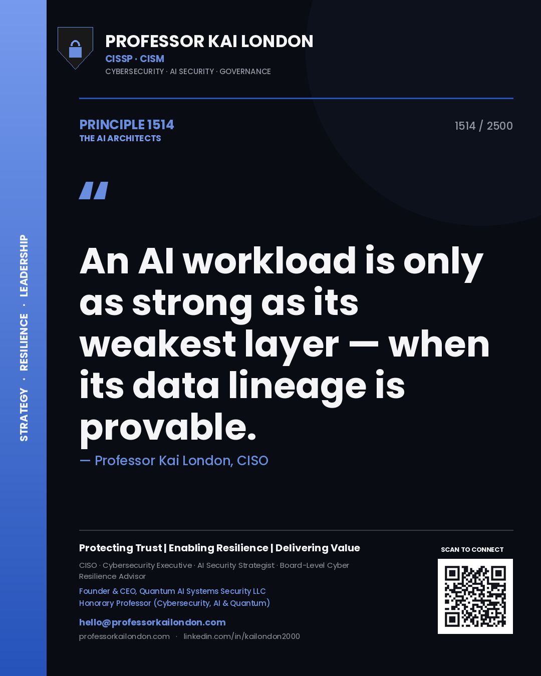 Quote card by Professor Kai London reading 'An AI workload is only as strong as its weakest layer — when its data lineage is provable.'. From the book The AI Architects.