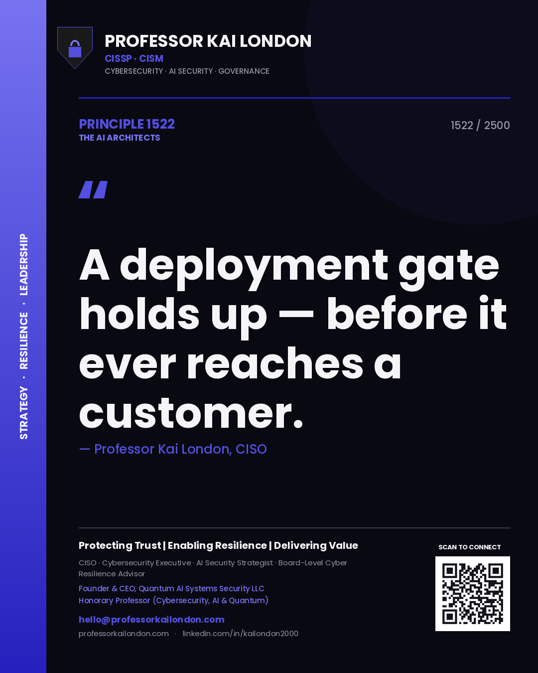 Quote card by Professor Kai London reading 'A deployment gate holds up — before it ever reaches a customer.'. From the book The AI Architects.