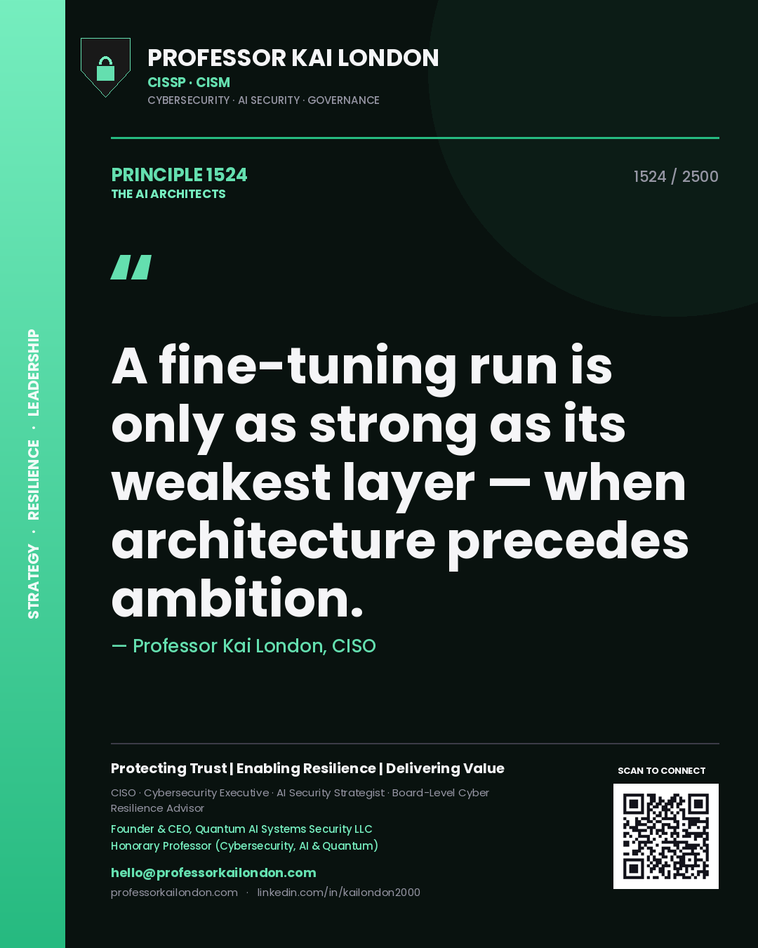 Quote card by Professor Kai London reading 'A fine-tuning run is only as strong as its weakest layer — when architecture precedes ambition.'. From the book The AI Architects.
