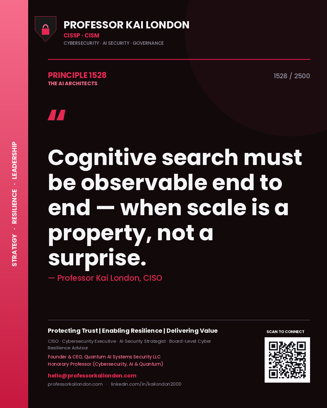 Quote card by Professor Kai London reading 'Cognitive search must be observable end to end — when scale is a property, not a surprise.'. From the book The AI Architects.