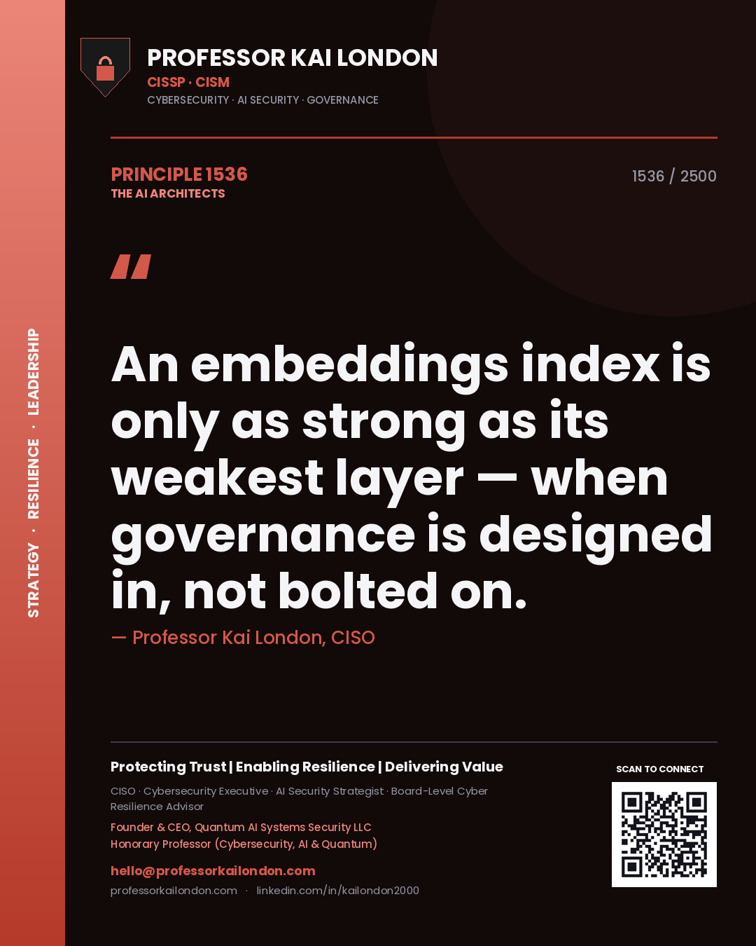 Quote card by Professor Kai London reading 'An embeddings index is only as strong as its weakest layer — when governance is designed in, not bolted on.'. From the book The AI Architects.