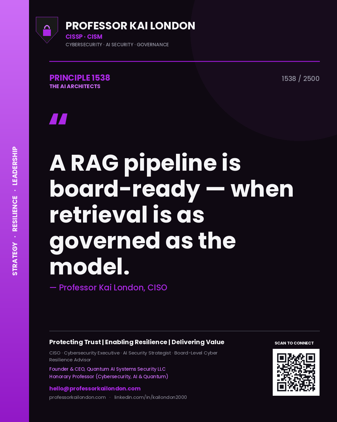 Quote card by Professor Kai London reading 'A RAG pipeline is board-ready — when retrieval is as governed as the model.'. From the book The AI Architects.