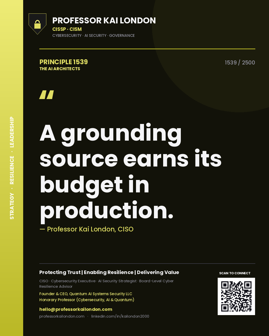 Quote card by Professor Kai London reading 'A grounding source earns its budget in production.'. From the book The AI Architects.