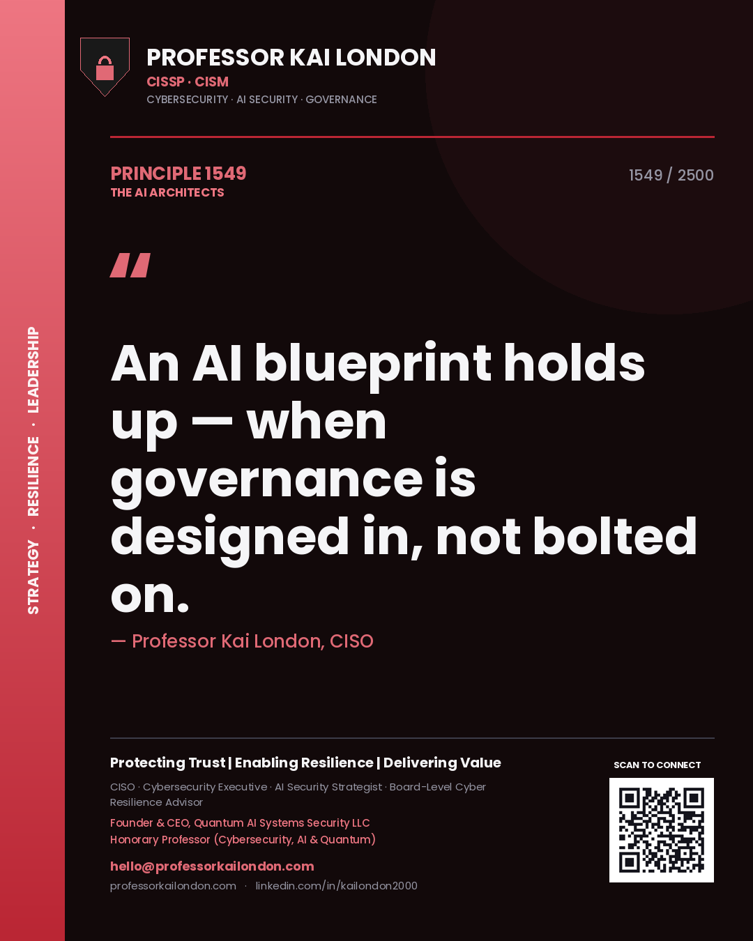 Quote card by Professor Kai London reading 'An AI blueprint holds up — when governance is designed in, not bolted on.'. From the book The AI Architects.