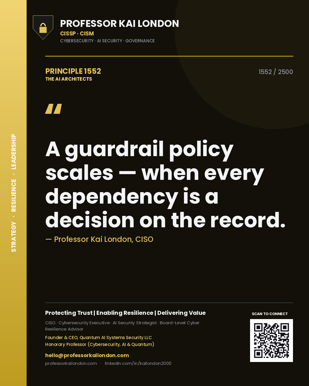 Quote card by Professor Kai London reading 'A guardrail policy scales — when every dependency is a decision on the record.'. From the book The AI Architects.