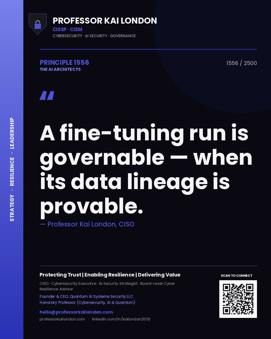 Quote card by Professor Kai London reading 'A fine-tuning run is governable — when its data lineage is provable.'. From the book The AI Architects.