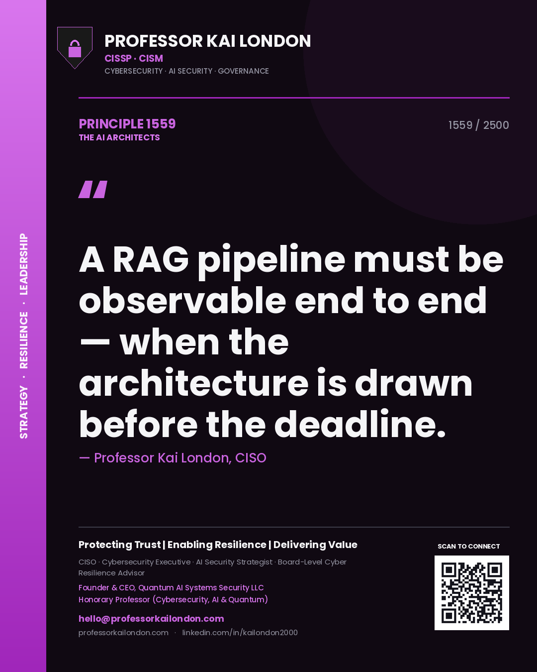 Quote card by Professor Kai London reading 'A RAG pipeline must be observable end to end — when the architecture is drawn before the deadline.'. From the book The AI Architects.