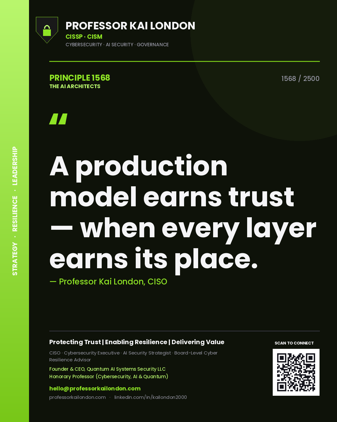 Quote card by Professor Kai London reading 'A production model earns trust — when every layer earns its place.'. From the book The AI Architects.