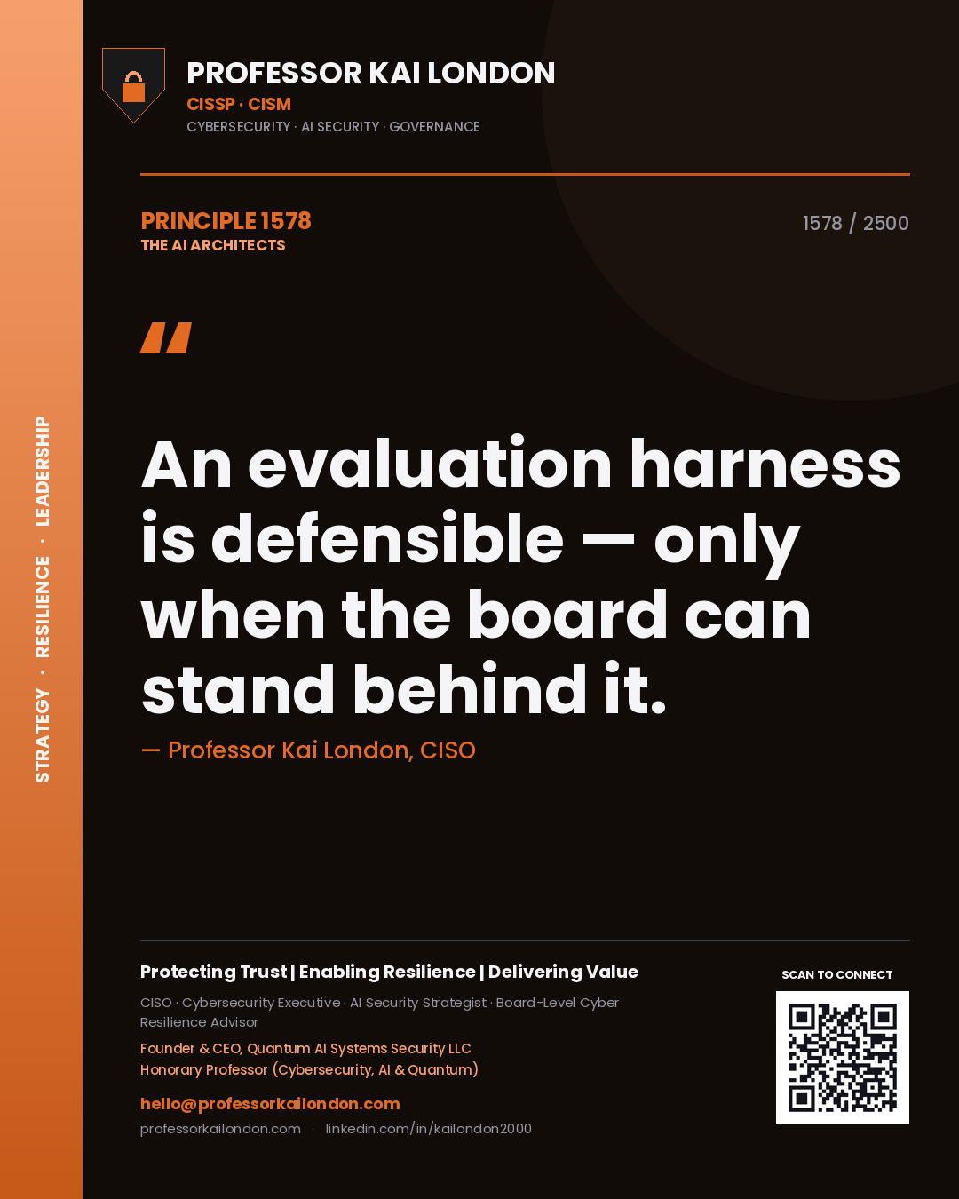 Professor Kai London principle 1578: An evaluation harness is defensible — only when the board can stand behind it.