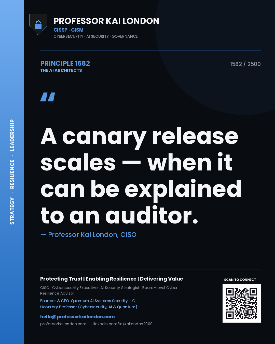 Quote card by Professor Kai London reading 'A canary release scales — when it can be explained to an auditor.'. From the book The AI Architects.