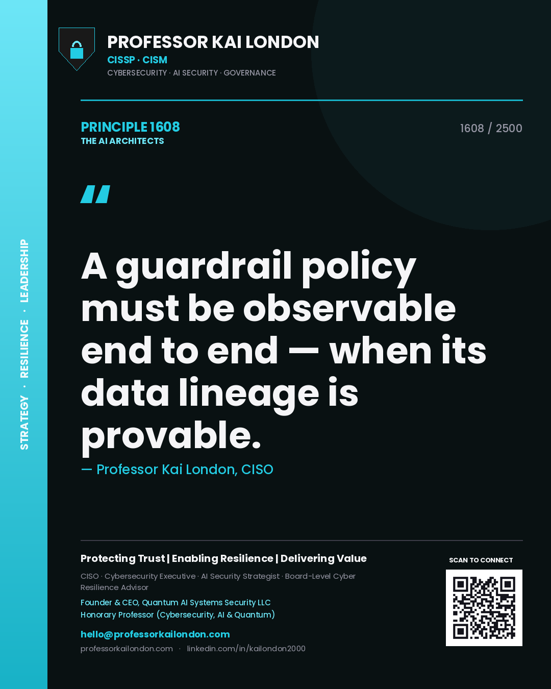 Quote card by Professor Kai London reading 'A guardrail policy must be observable end to end — when its data lineage is provable.'. From the book The AI Architects.