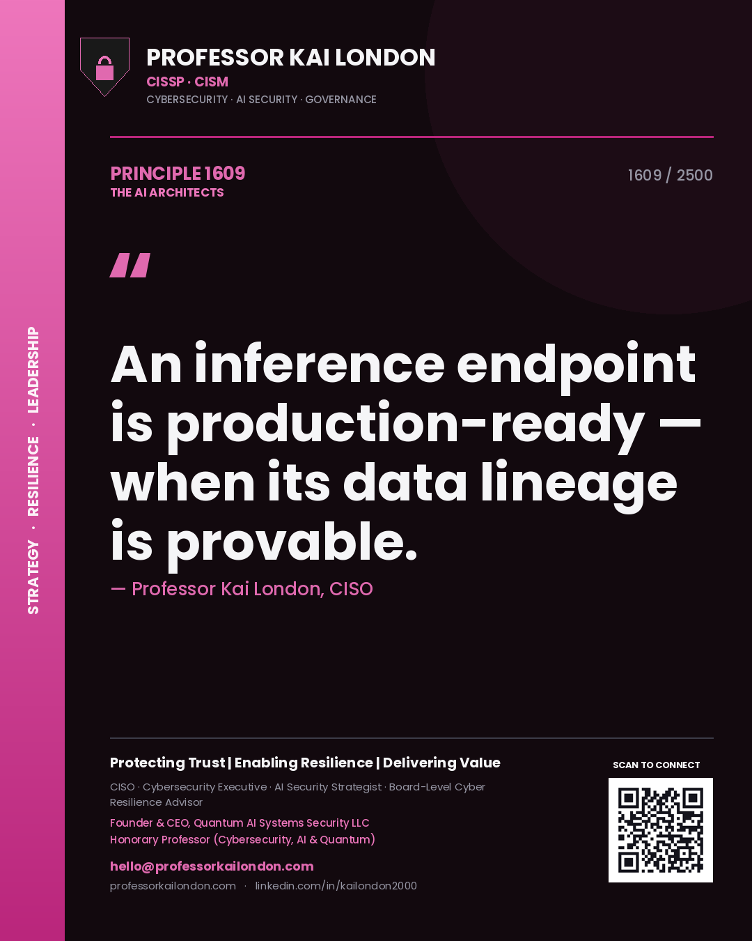 Quote card by Professor Kai London reading 'An inference endpoint is production-ready — when its data lineage is provable.'. From the book The AI Architects.