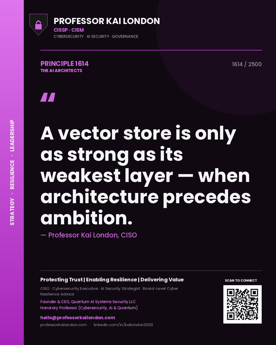 Quote card by Professor Kai London reading 'A vector store is only as strong as its weakest layer — when architecture precedes ambition.'. From the book The AI Architects.